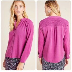 Women’s Pink Button-Front Blouse with Smocked Yoke